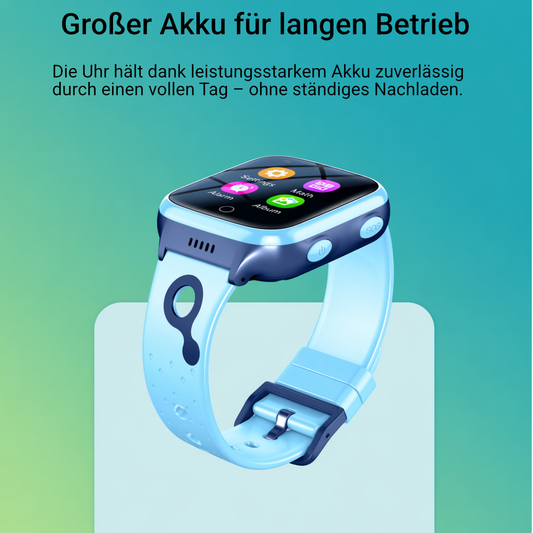 Blaue Kinder-Smartwatch schräg von oben, Touchscreen mit App-Icons, seitliche SOS- und Power-Taste, hellblaues Silikonarmband