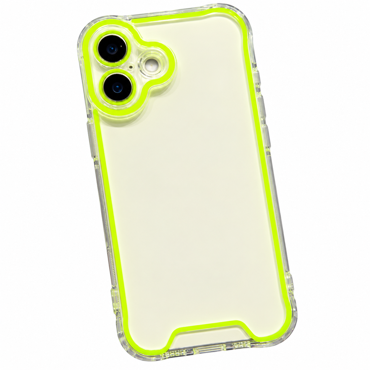 Transparente iPhone-16-Hülle mit gelbem Neon-Rand und gelb umrandeter Kameraeinfassung, Rückansicht