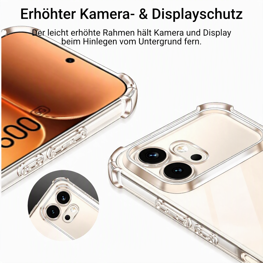 Erhöhter Rahmen der TPU-Hülle schützt Display und Kameramodul vor Kratzern beim Ablegen
