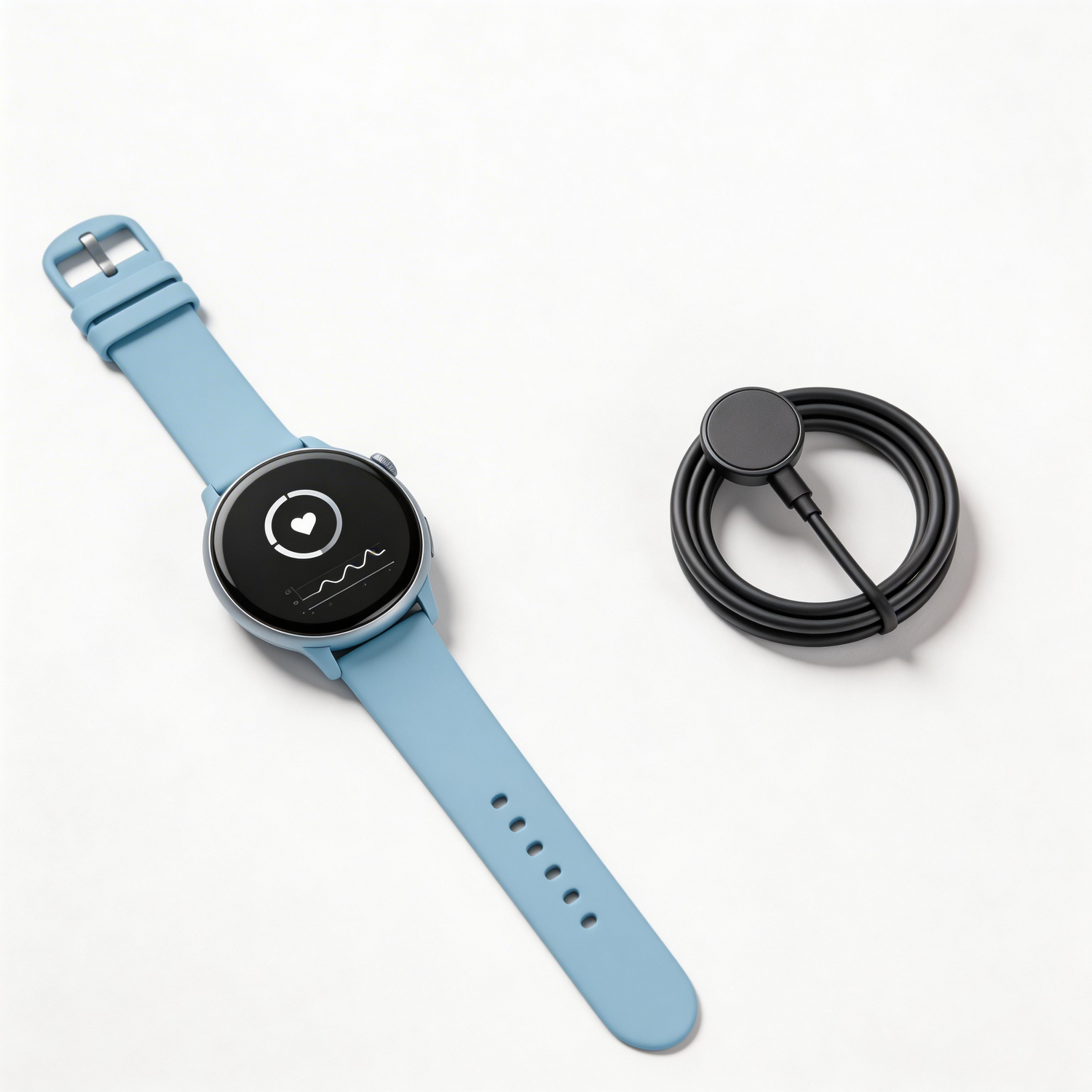 Smartwatch mit AMOLED-Display und Silikonarmband und Ladekabel