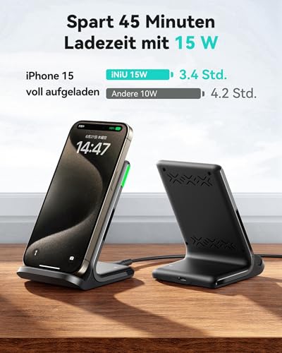 INIU 15W Qi Wireless Charger – Induktive Ladestation & Handy-Stand (USB-C, Schwarz)