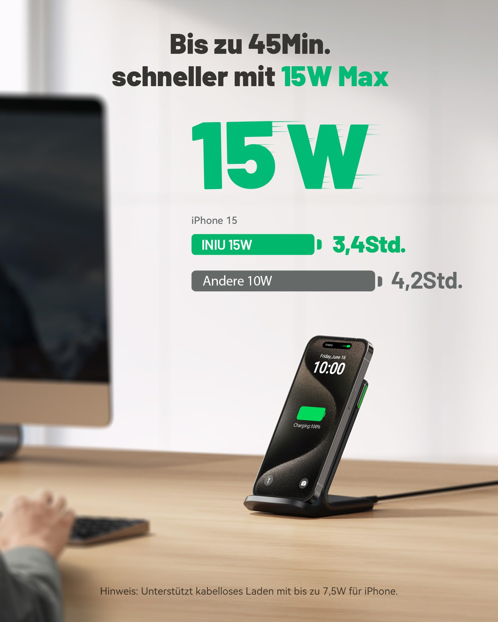 INIU 15W Qi Wireless Charger – Induktive Ladestation & Handy-Stand (USB-C, Schwarz)