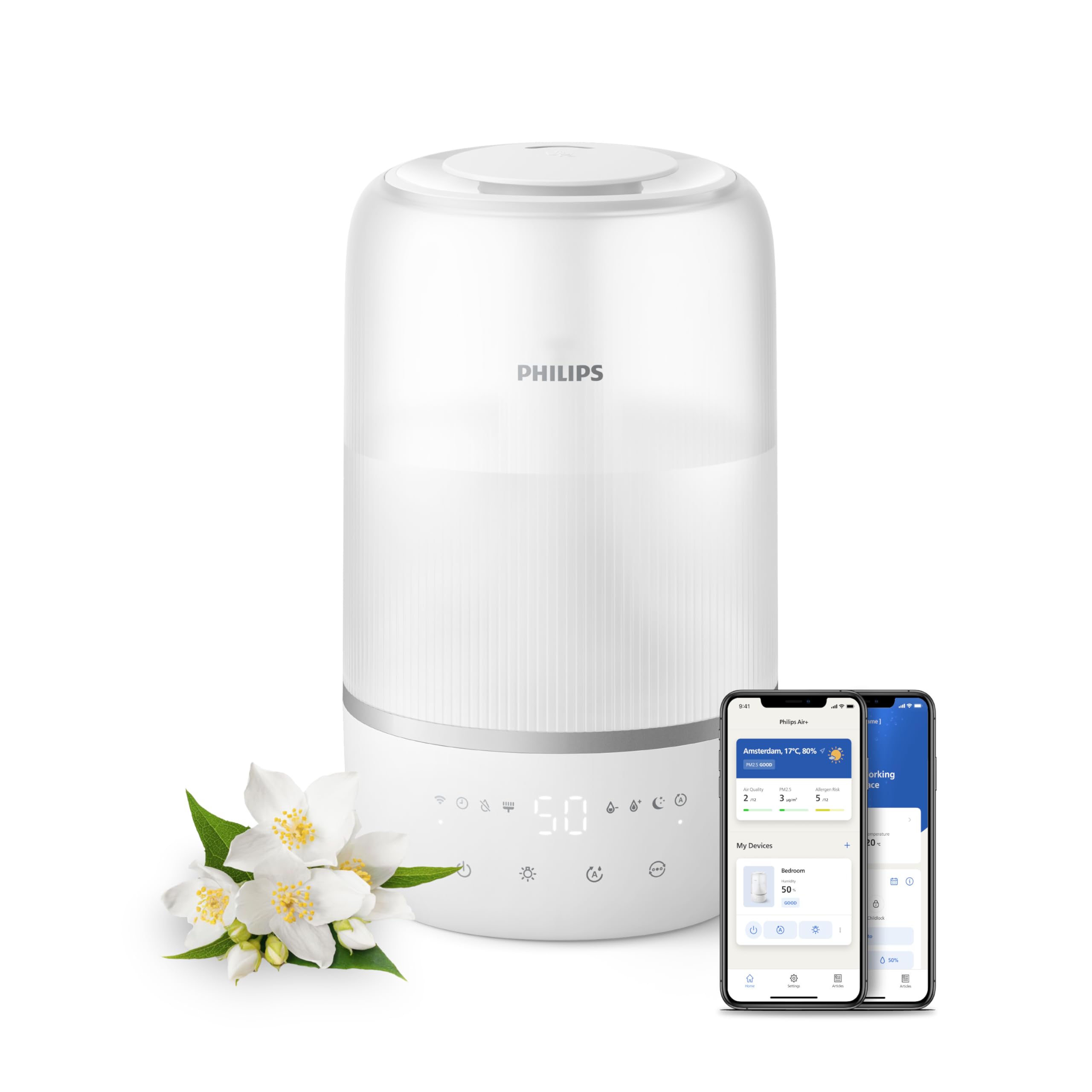 Philips Smart Humidifier - Compact yet Powerful with Sky-High Mist, Aromatherapy, Quiet with Sleep Function and Night Light, for (Sleep) Rooms up to 41 m² (HU1510/03)