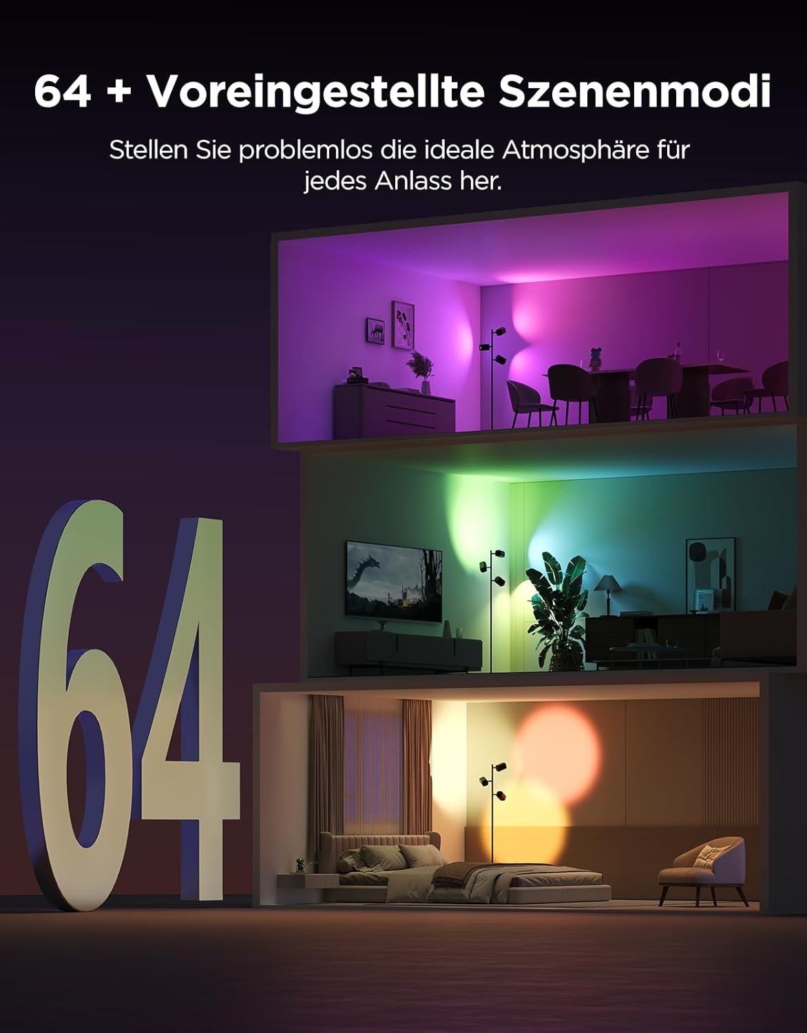 Govee 3-Flammen LED Stehlampe, RGBWW, 1500 lm, Alexa, Wohnzimmer