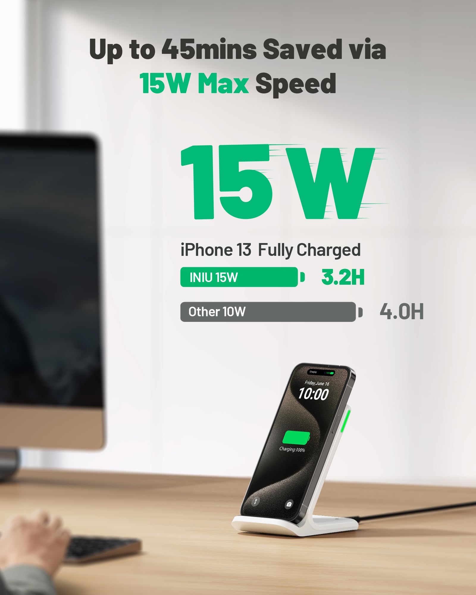 INIU 15W Qi Wireless Charger – Induktive Ladestation & Handy-Stand (USB-C, Schwarz)