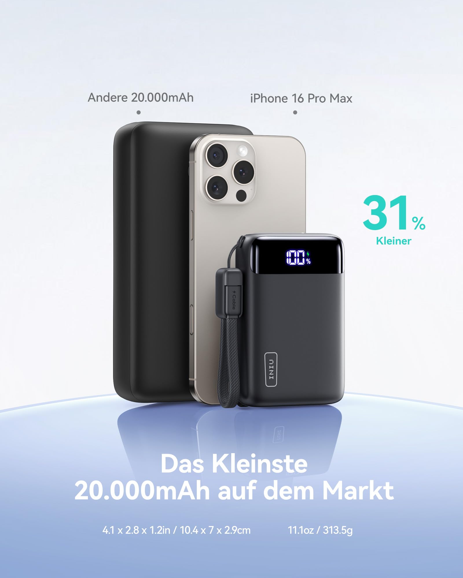 INIU Powerbank 20.000 mAh, 22,5 W PD3.0/QC4.0, USB-C, 3 Anschlüsse