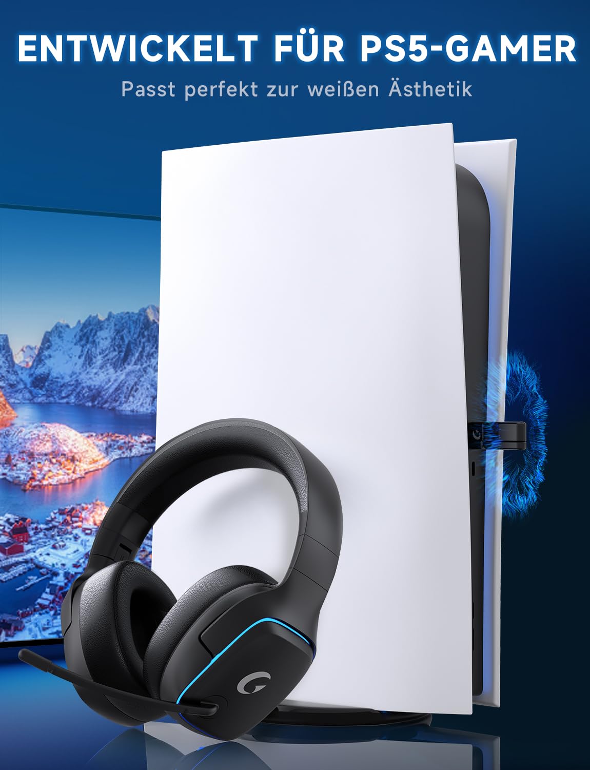 PS5 Gaming Headset kabellos 7.1, BT 5.3, 2.4GHz, 70h, RGB