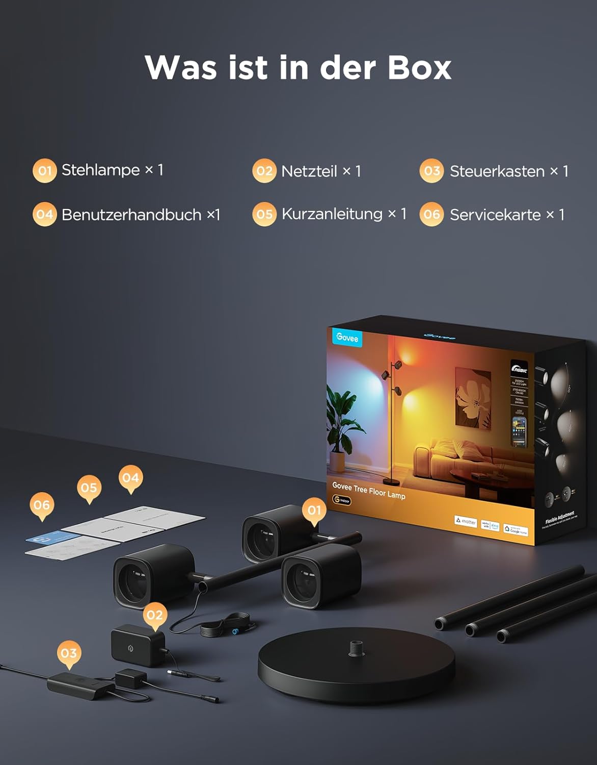 Govee 3-Flammen LED Stehlampe, RGBWW, 1500 lm, Alexa, Wohnzimmer