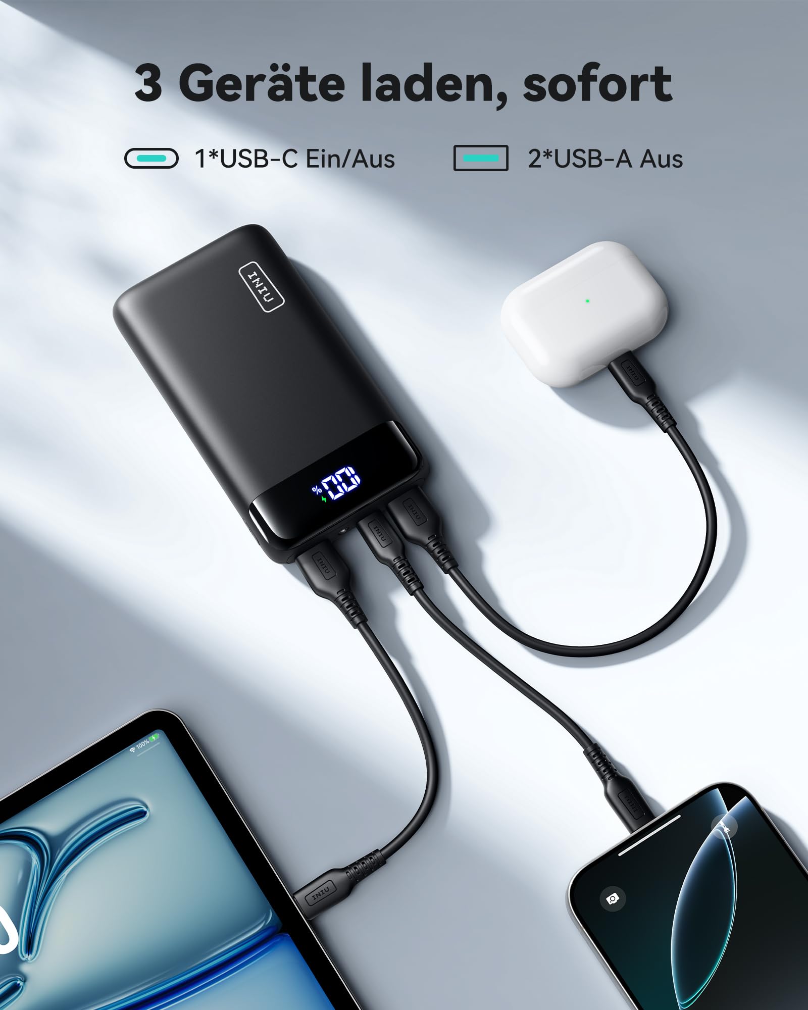 INIU Powerbank 20.000 mAh, 22,5 W PD3.0/QC4.0, USB-C, 3 Anschlüsse