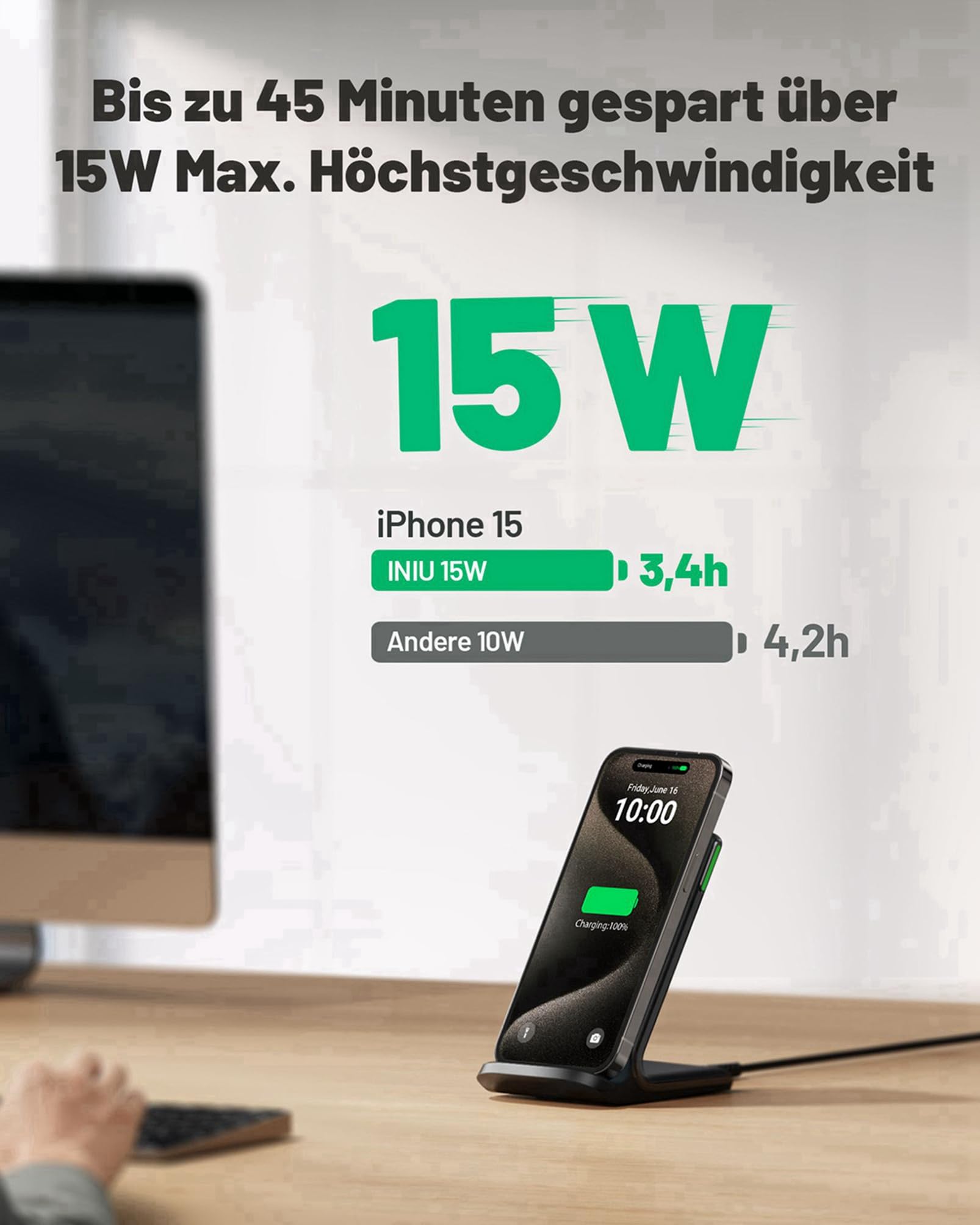 INIU 15W Qi Wireless Charger – Induktive Ladestation & Handy-Stand (USB-C, Schwarz)