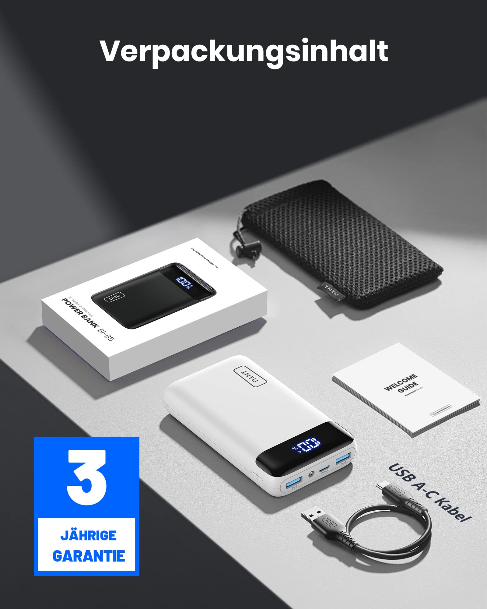 INIU Powerbank 20.000 mAh, 22,5 W PD3.0/QC4.0, USB-C, 3 Anschlüsse