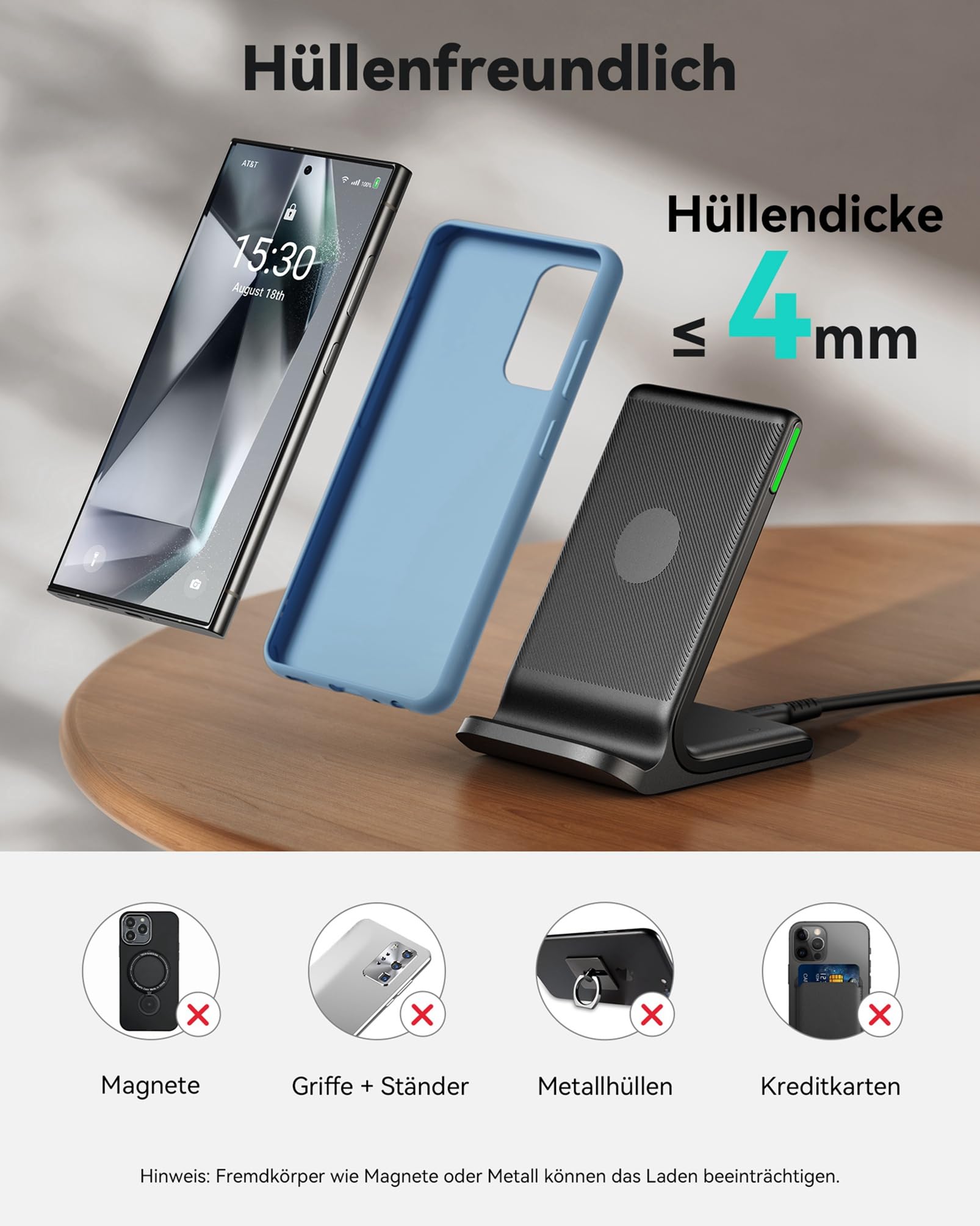 INIU 15W Qi Wireless Charger – Induktive Ladestation & Handy-Stand (USB-C, Schwarz)