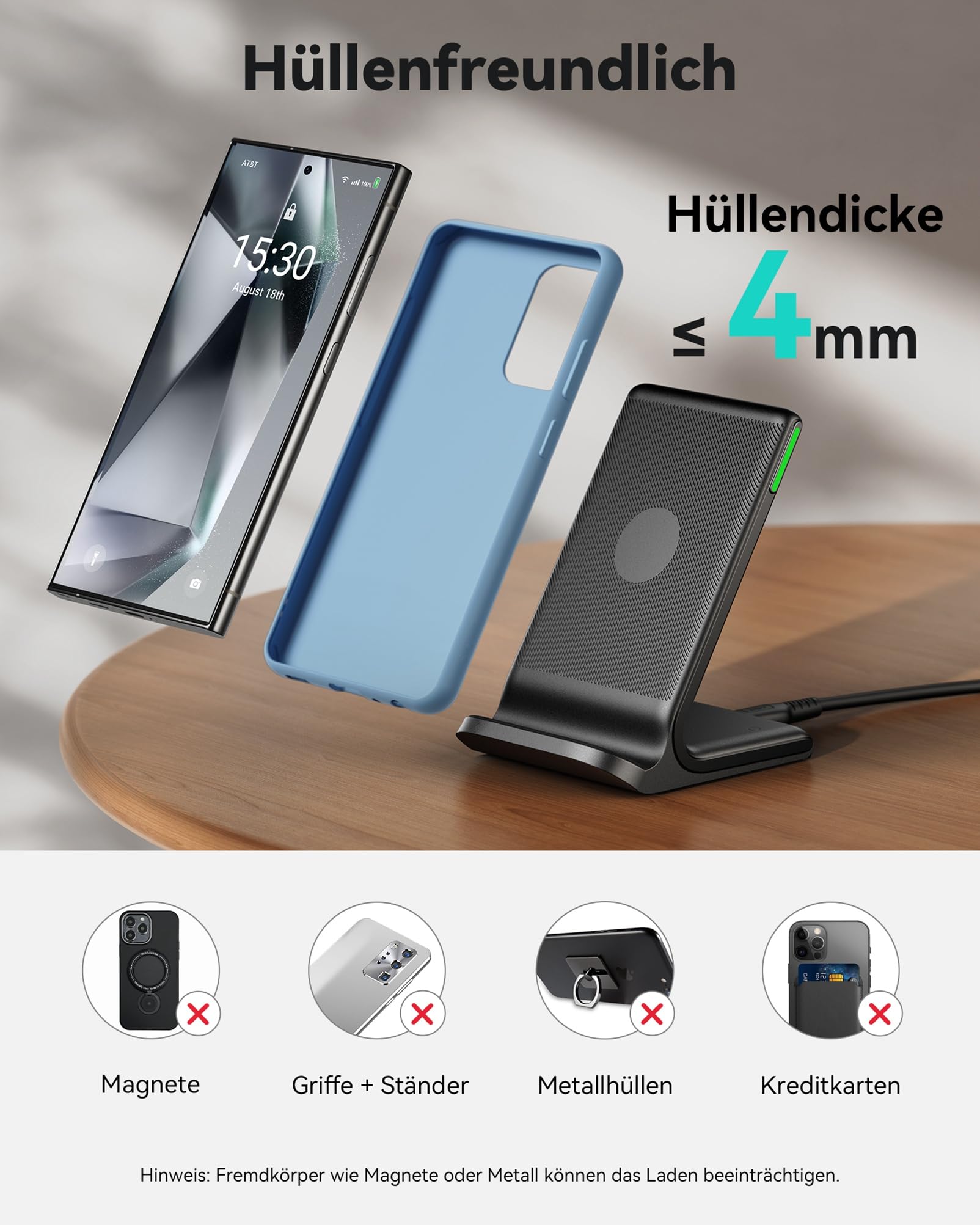 INIU 15W Qi Wireless Charger – Induktive Ladestation & Handy-Stand (USB-C, Schwarz)
