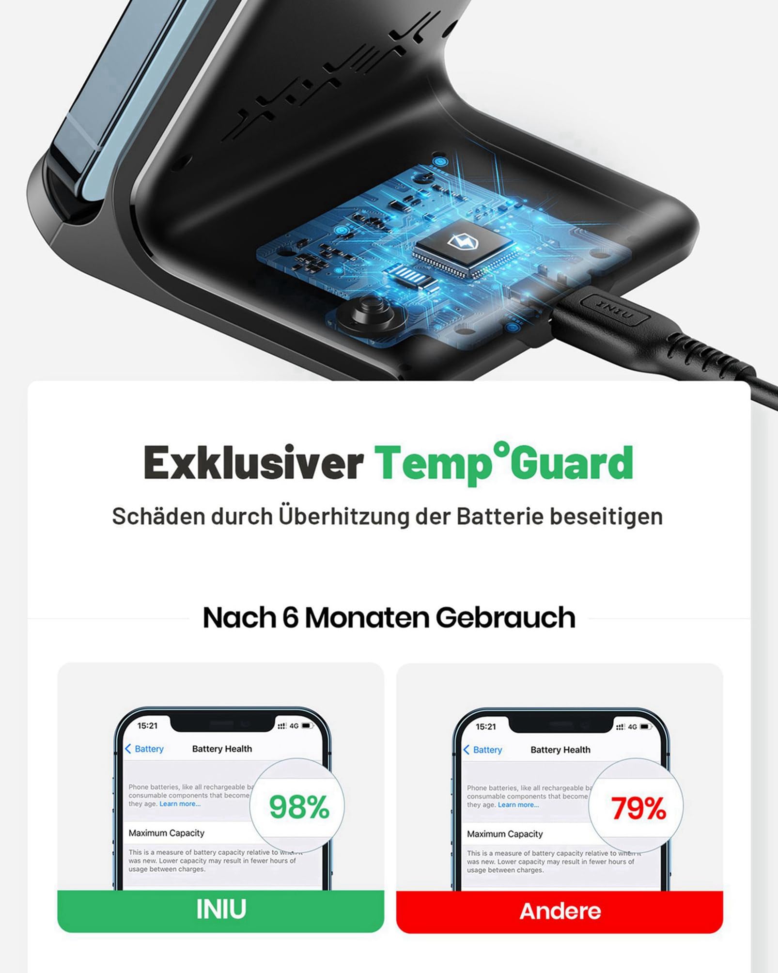 INIU 15W Qi Wireless Charger – Induktive Ladestation & Handy-Stand (USB-C, Schwarz)