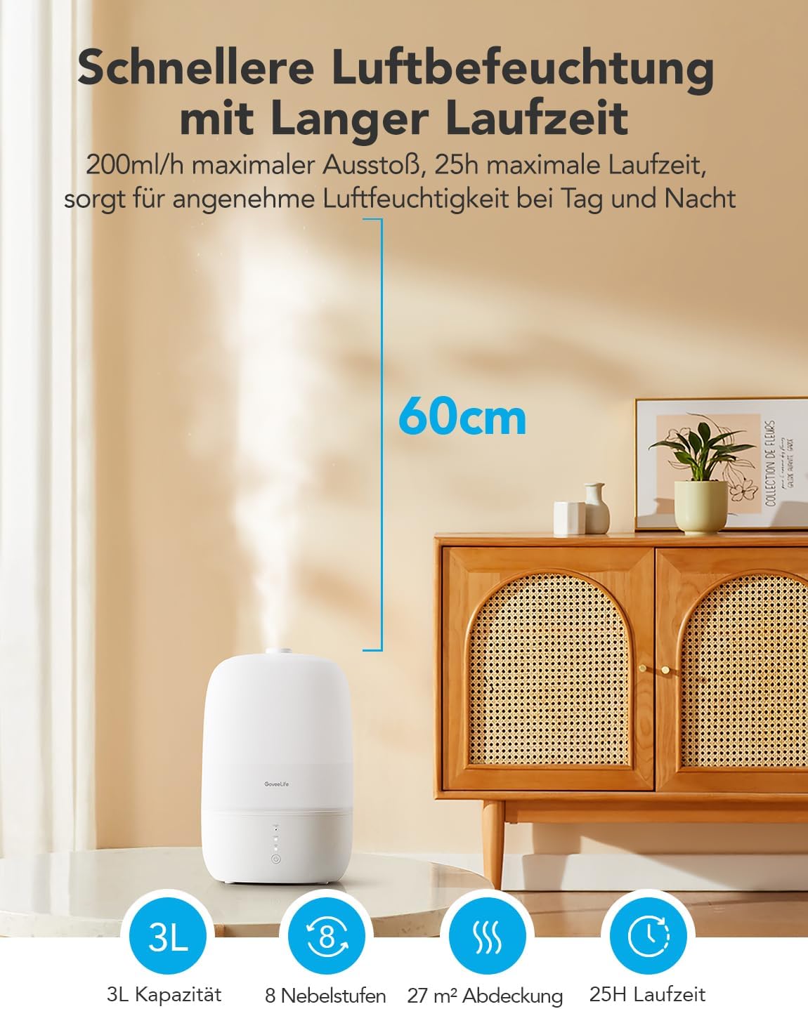 GoveeLife Smart Luftbefeuchter 3L, leise, Nachtlicht, Schlafzimmer