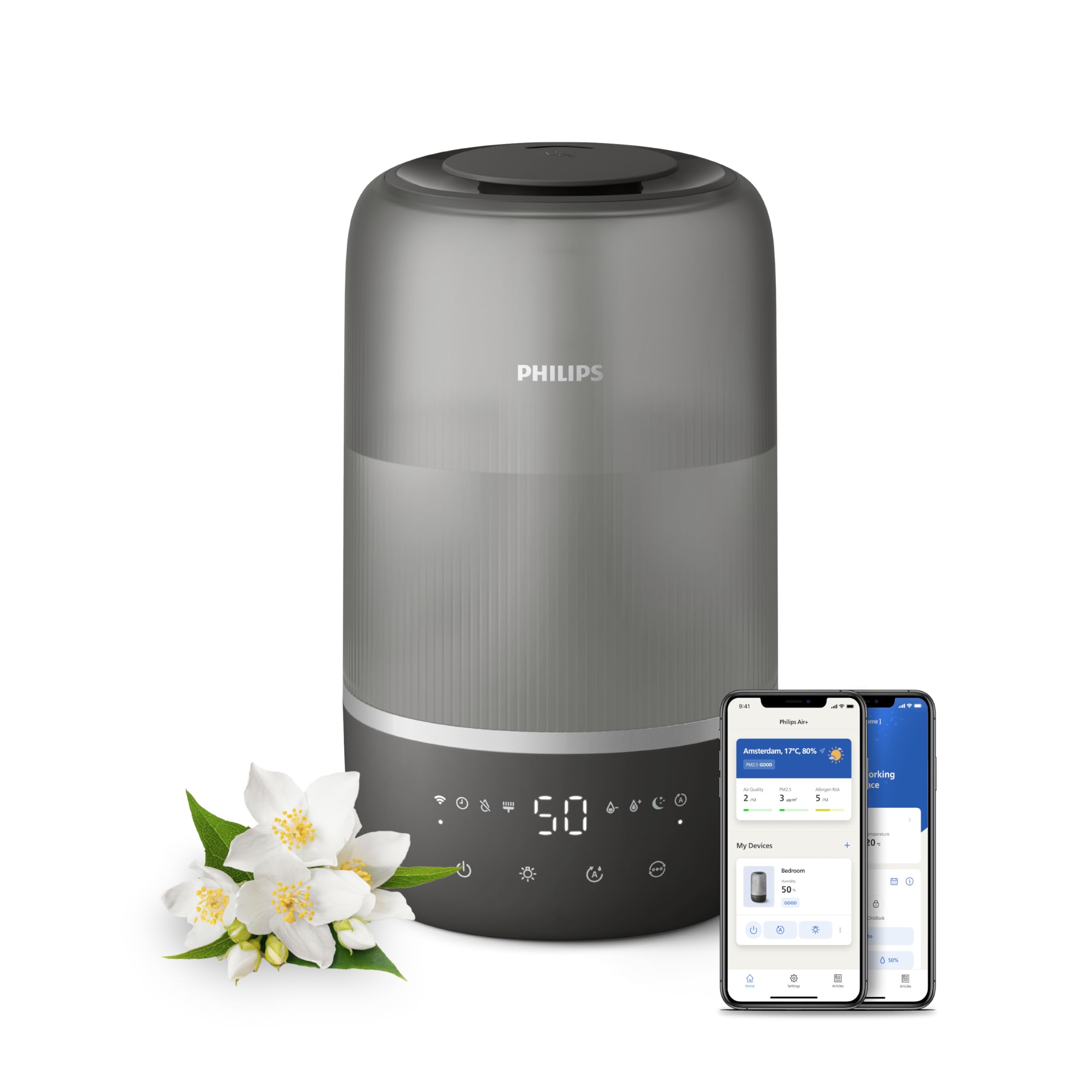 Philips Smart Humidifier - Compact yet Powerful with Sky-High Mist, Aromatherapy, Quiet with Sleep Function and Night Light, for (Sleep) Rooms up to 41 m² (HU1510/03)