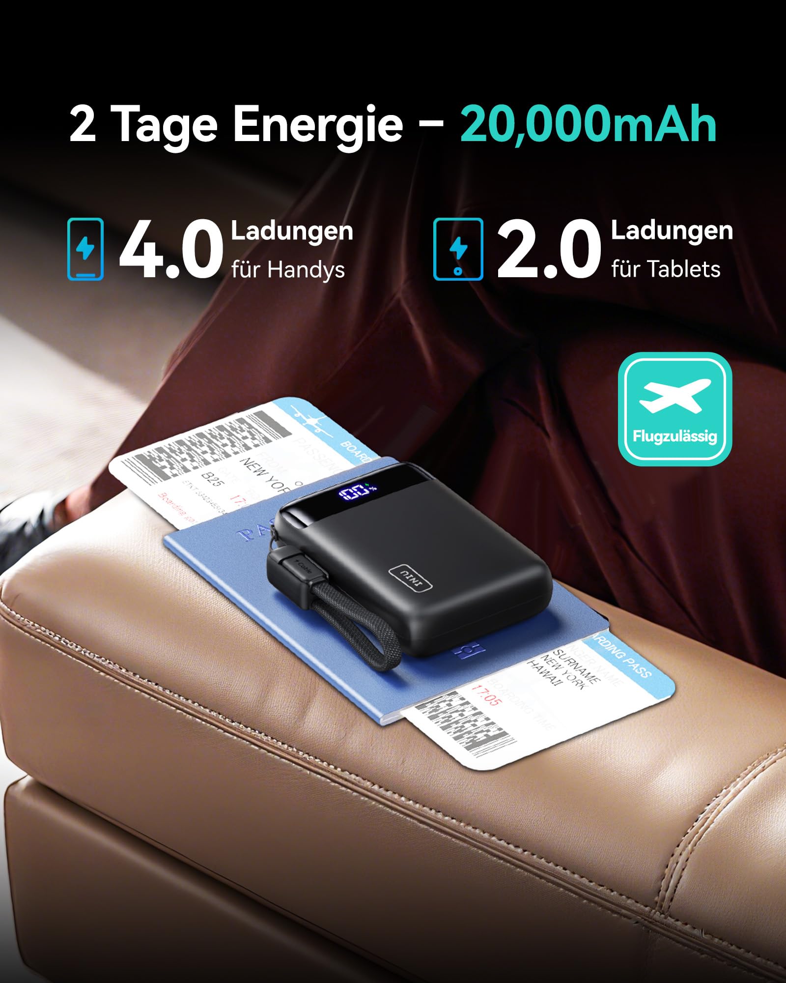INIU Powerbank 20.000 mAh, 22,5 W PD3.0/QC4.0, USB-C, 3 Anschlüsse