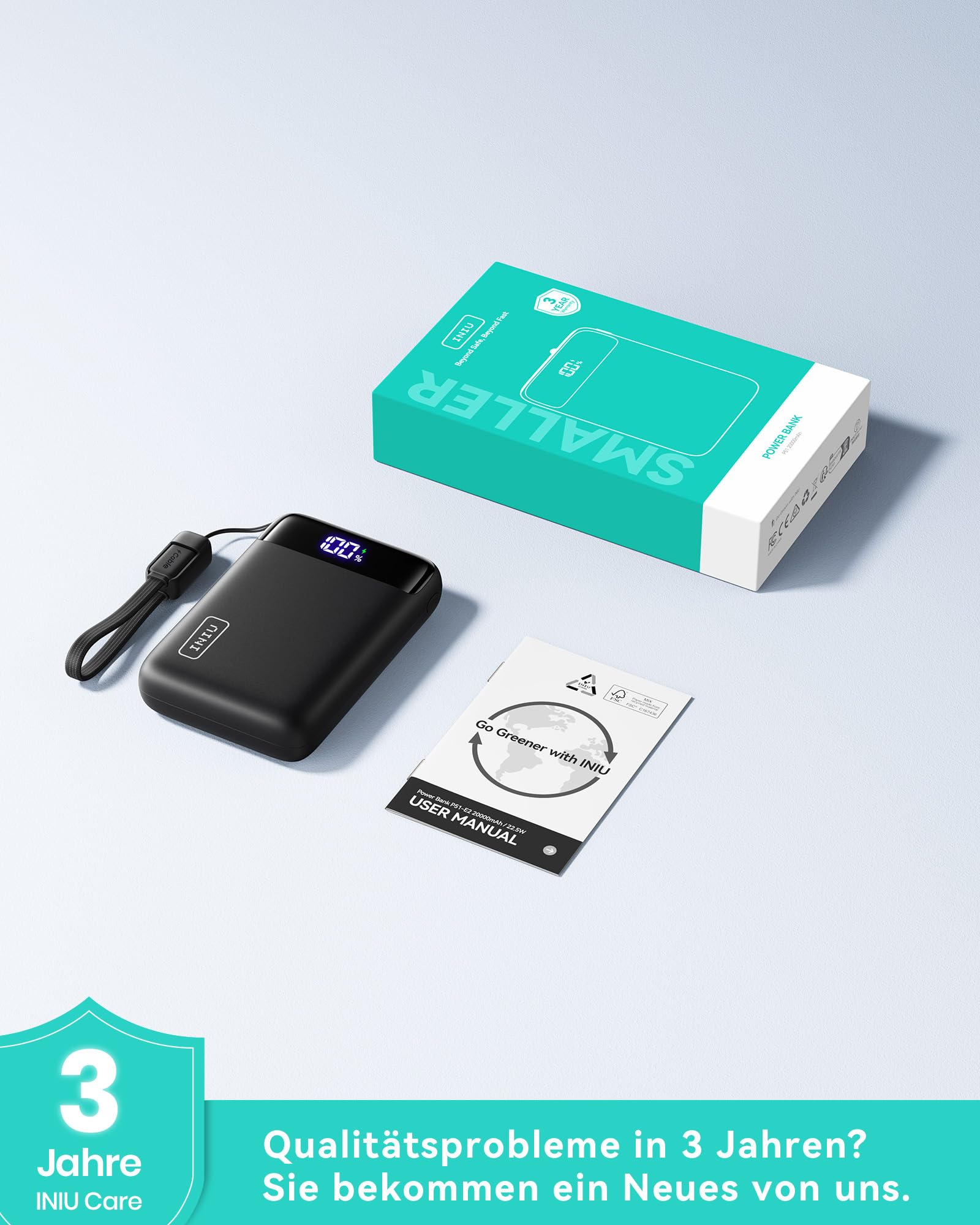 INIU Powerbank 20.000 mAh, 22,5 W PD3.0/QC4.0, USB-C, 3 Anschlüsse