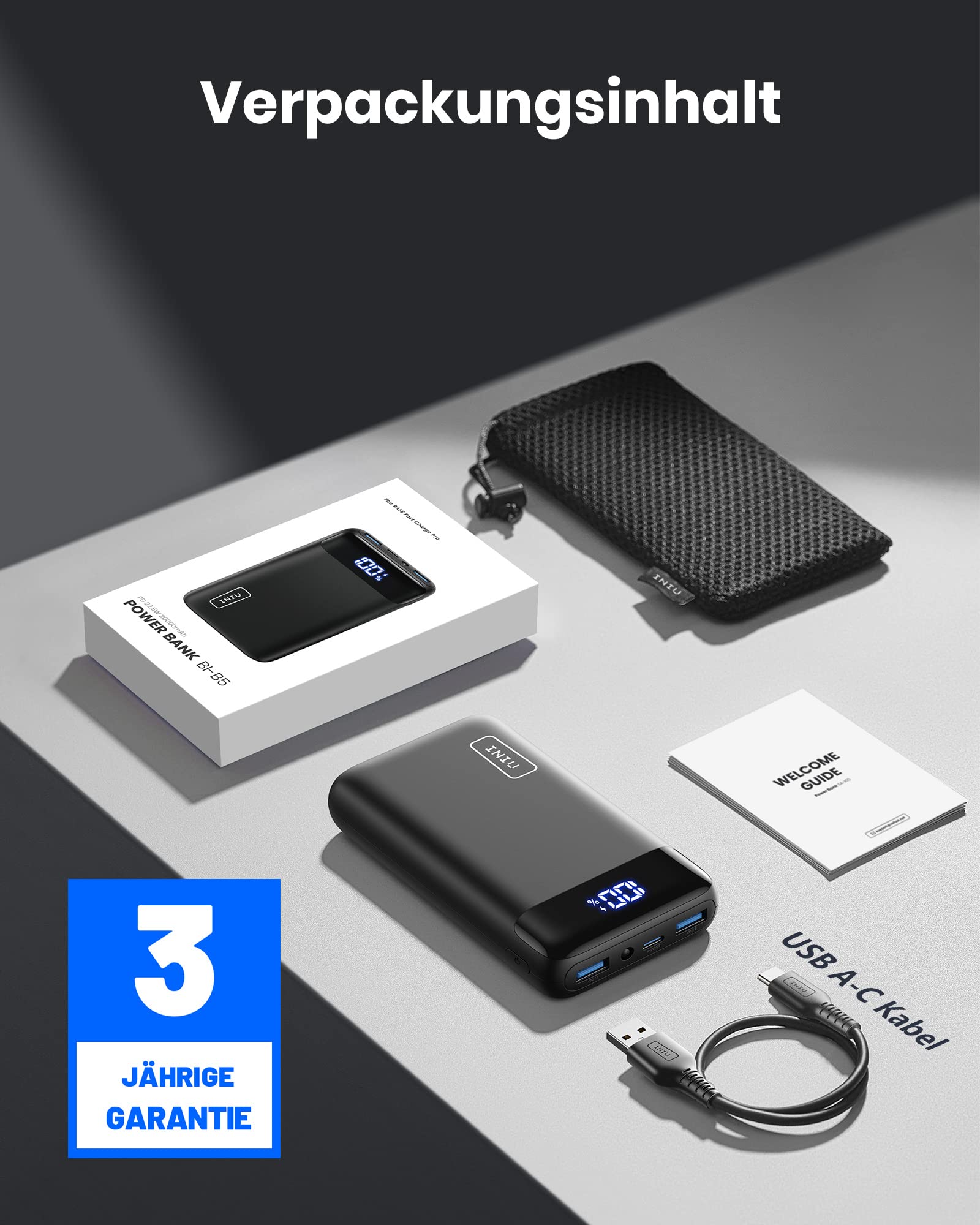 INIU Powerbank 20.000 mAh, 22,5 W PD3.0/QC4.0, USB-C, 3 Anschlüsse