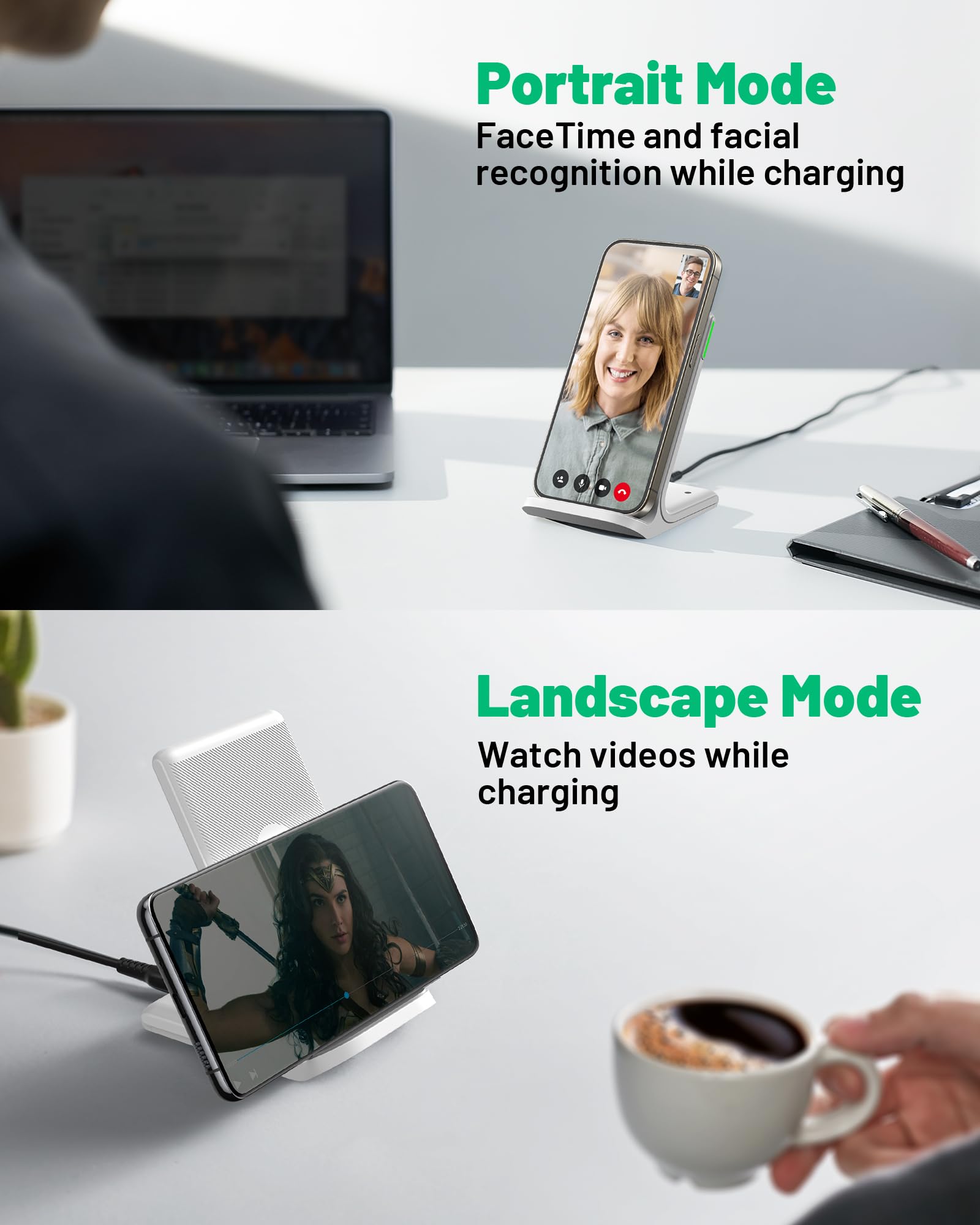 INIU 15W Qi Wireless Charger – Induktive Ladestation & Handy-Stand (USB-C, Schwarz)