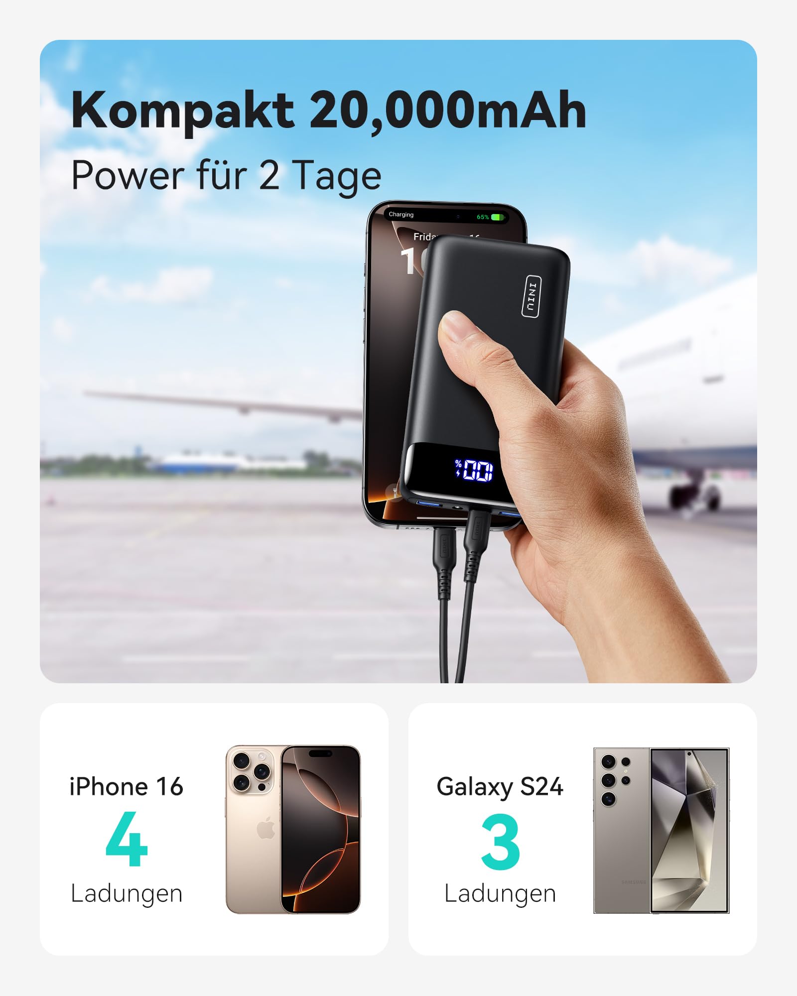 INIU Powerbank 20.000 mAh, 22,5 W PD3.0/QC4.0, USB-C, 3 Anschlüsse