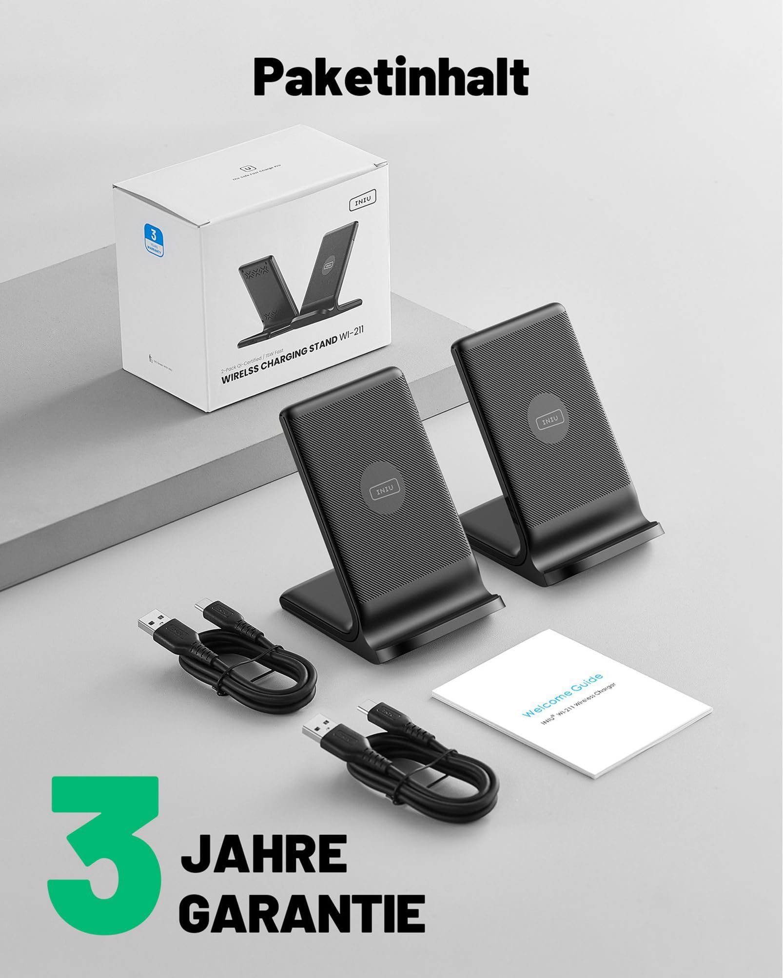 INIU 15W Qi Wireless Charger – Induktive Ladestation & Handy-Stand (USB-C, Schwarz)