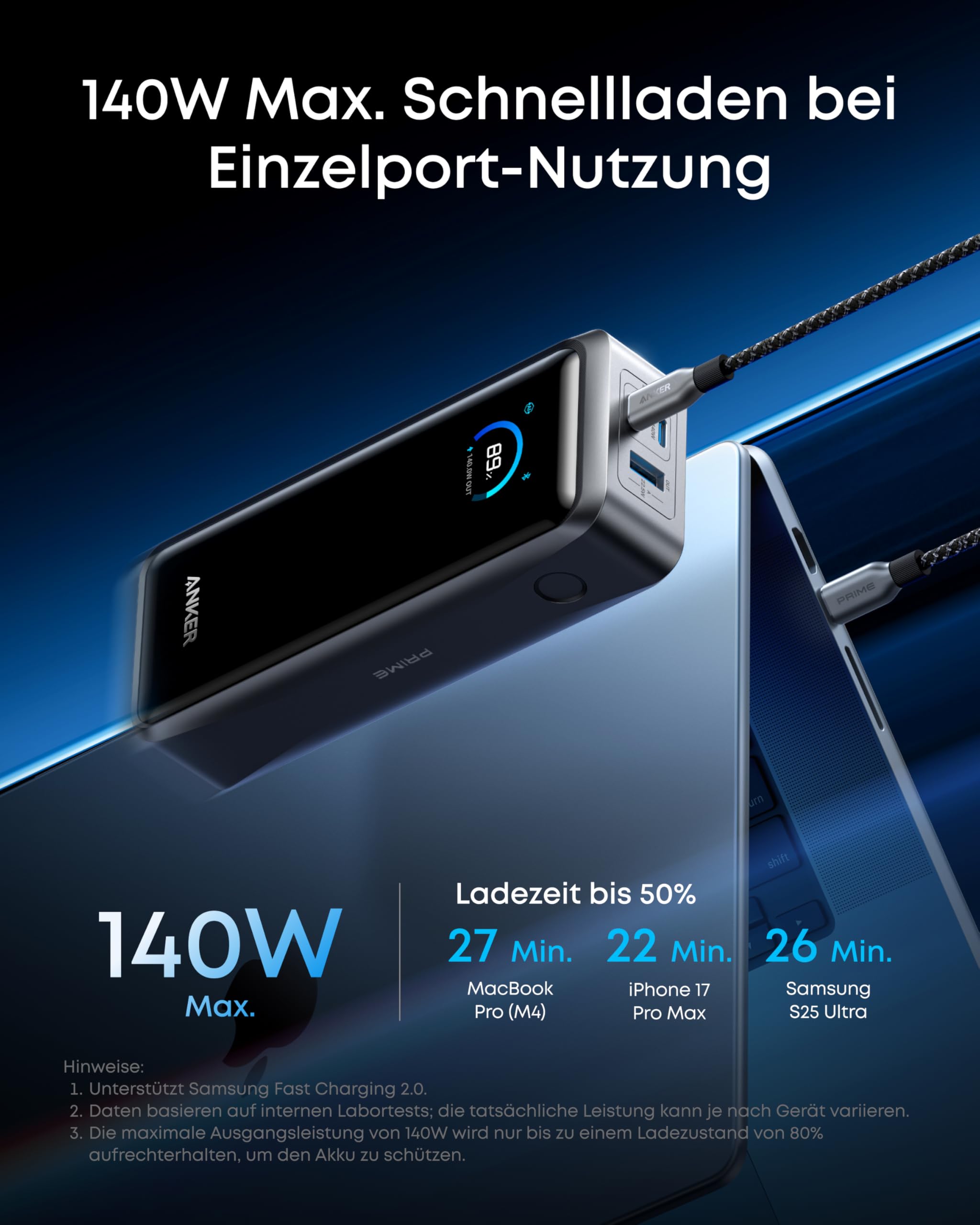 Anker Prime Powerbank 26.250 mAh, 300W, 3 Ports, USB-C & App