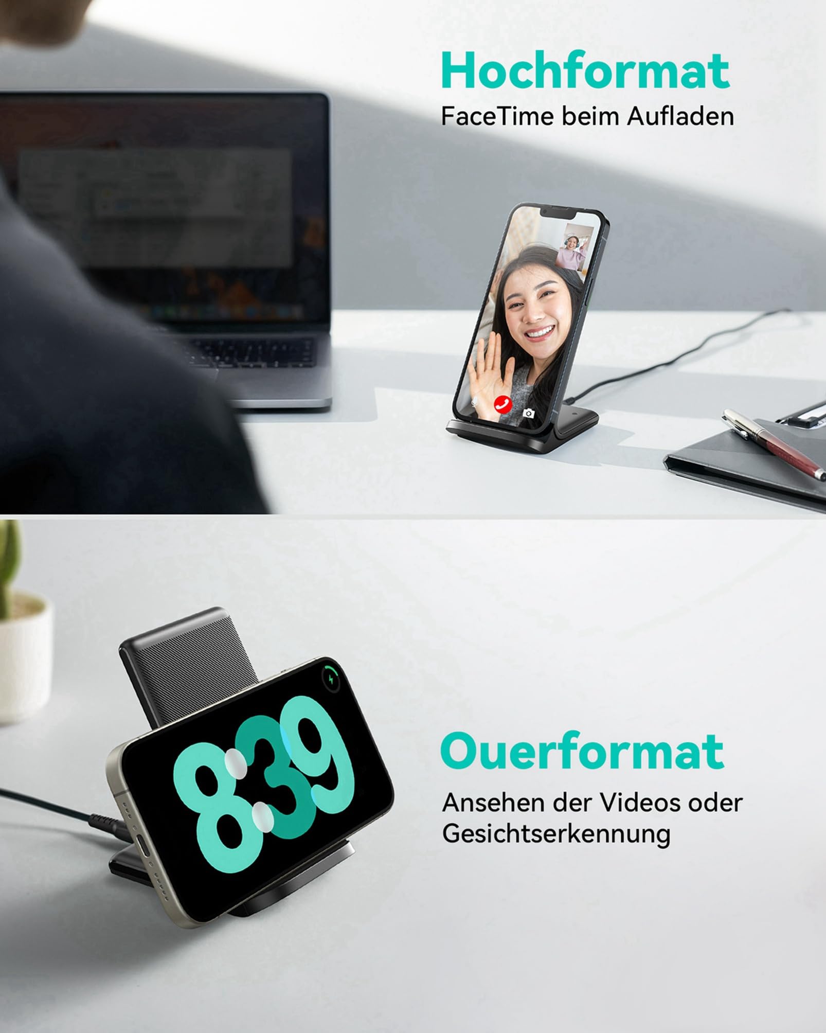 INIU 15W Qi Wireless Charger – Induktive Ladestation & Handy-Stand (USB-C, Schwarz)