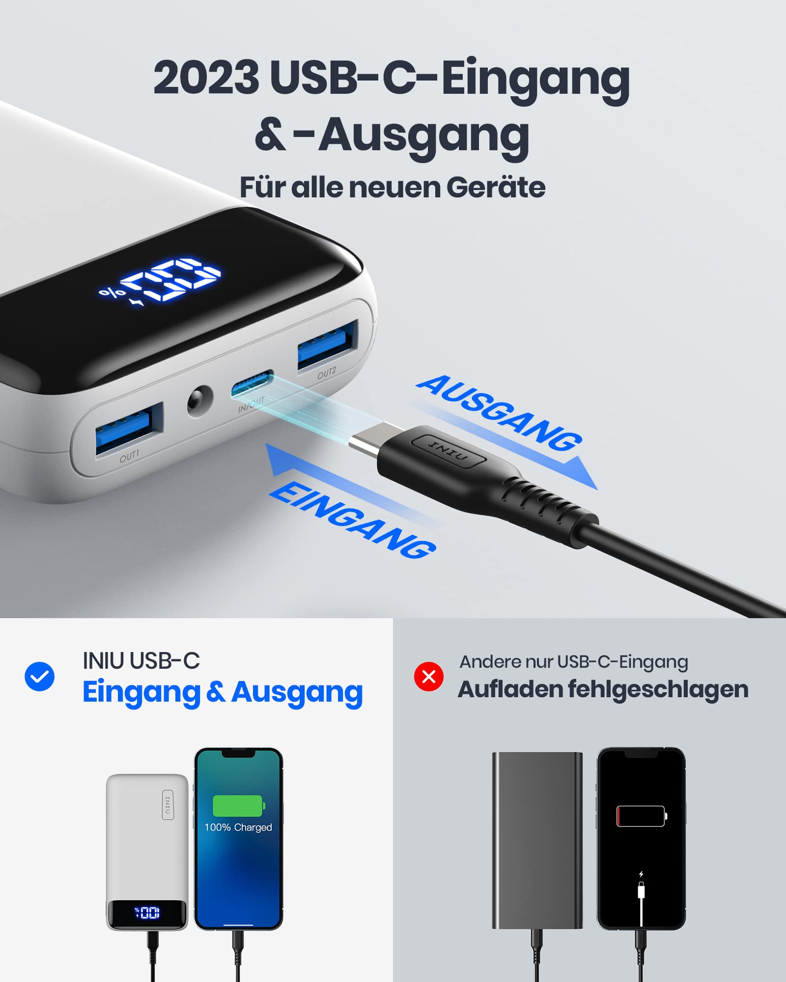 INIU Powerbank 20.000 mAh, 22,5 W PD3.0/QC4.0, USB-C, 3 Anschlüsse