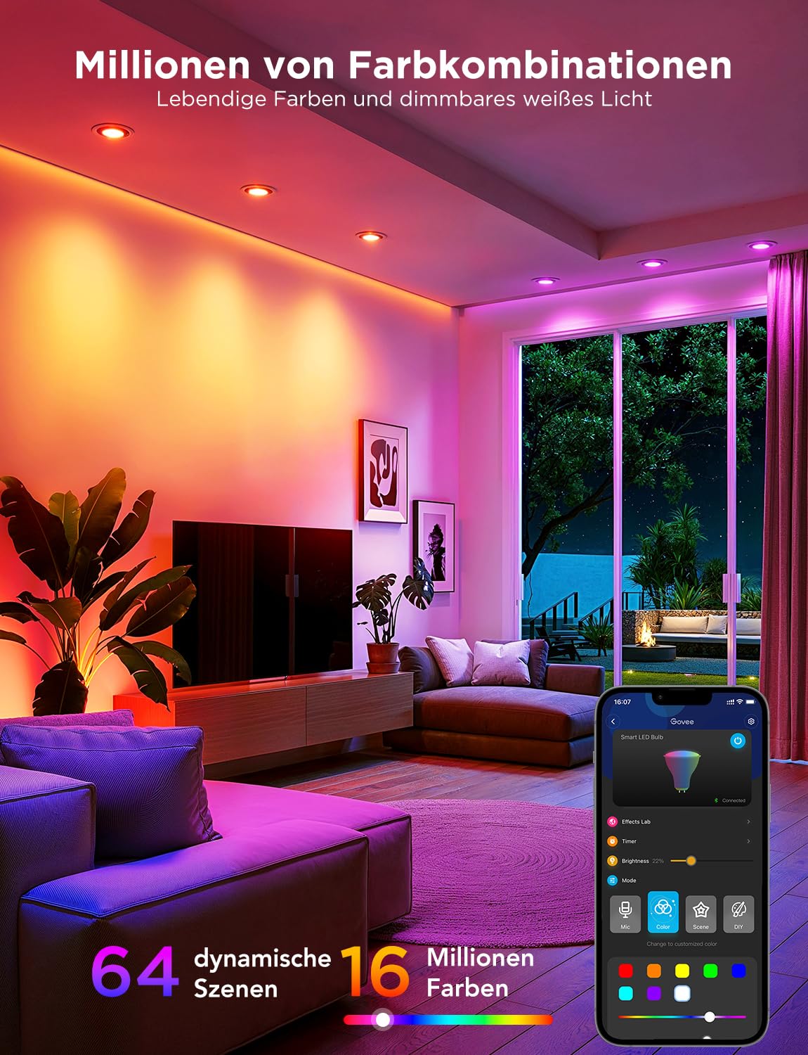 Govee GU10 RGBWW Smart LED Lampe 4er Pack, Alexa, Google, Musik Sync