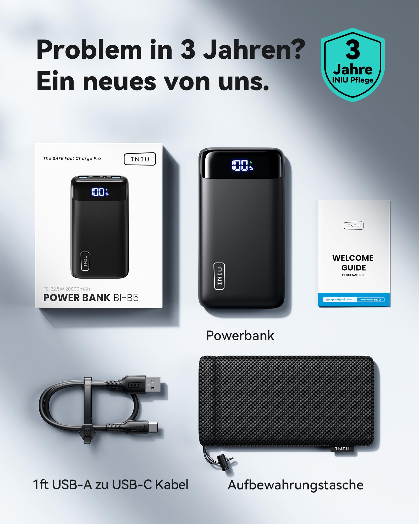 INIU Powerbank 20.000 mAh, 22,5 W PD3.0/QC4.0, USB-C, 3 Anschlüsse