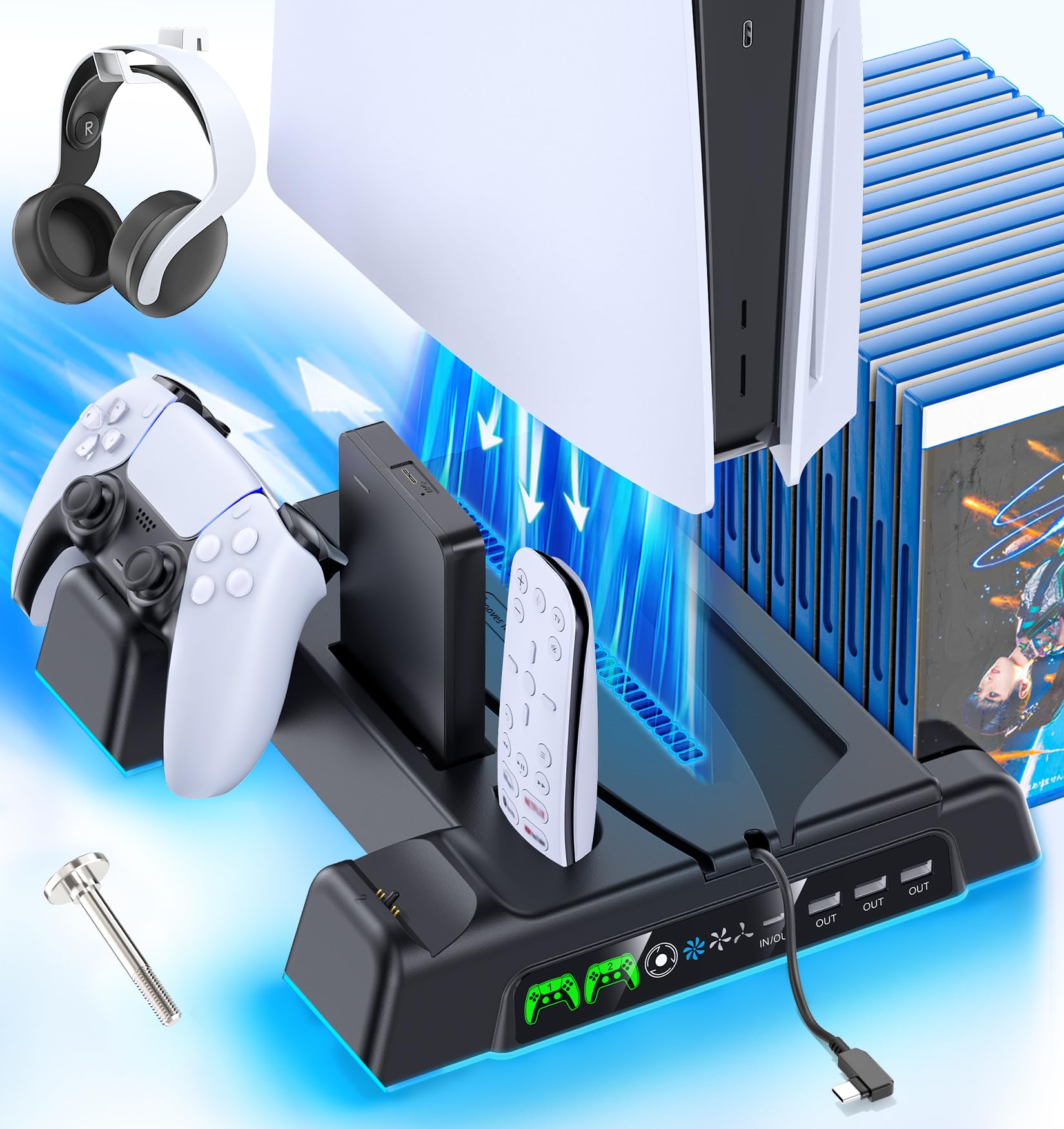 OIVO PS5/PS5 Slim Ständer mit Lüfter, Lade- & Headset-Halter