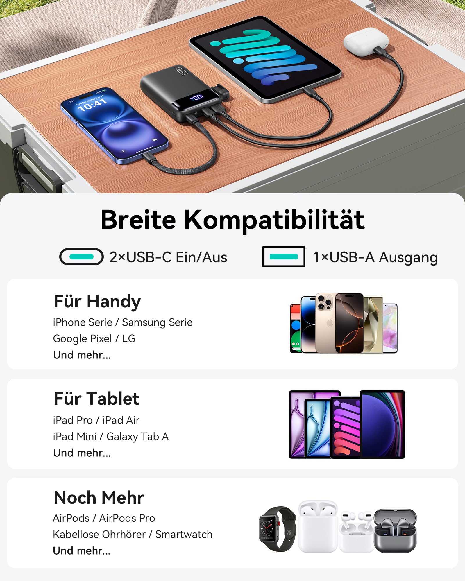 INIU Powerbank 20.000 mAh, 22,5 W PD3.0/QC4.0, USB-C, 3 Anschlüsse