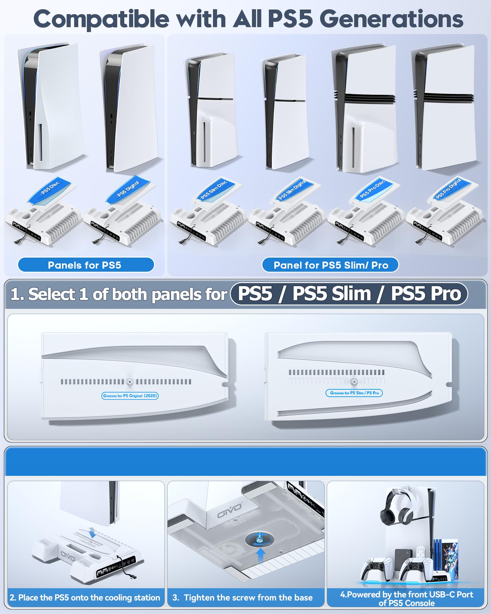 OIVO PS5/PS5 Slim Ständer mit Lüfter, Lade- & Headset-Halter