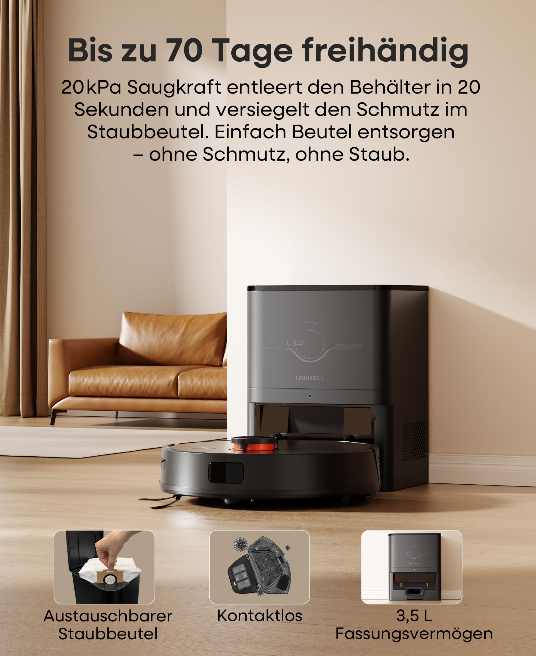 Uninell UR3 Saug-/Wischroboter mit Absaugstation 3,5L 5000Pa LiDAR