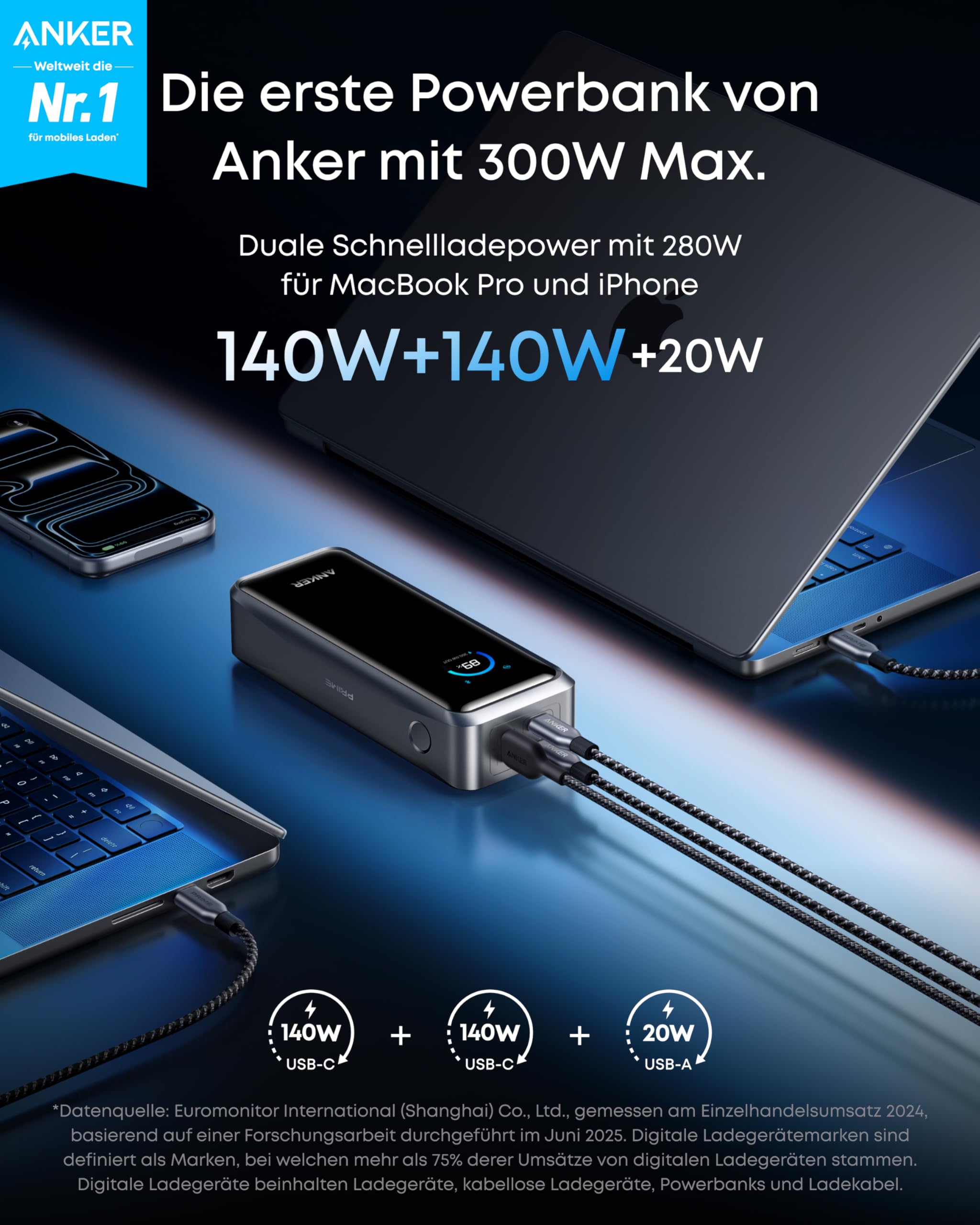 Anker Prime Powerbank 26.250 mAh, 300W, 3 Ports, USB-C & App