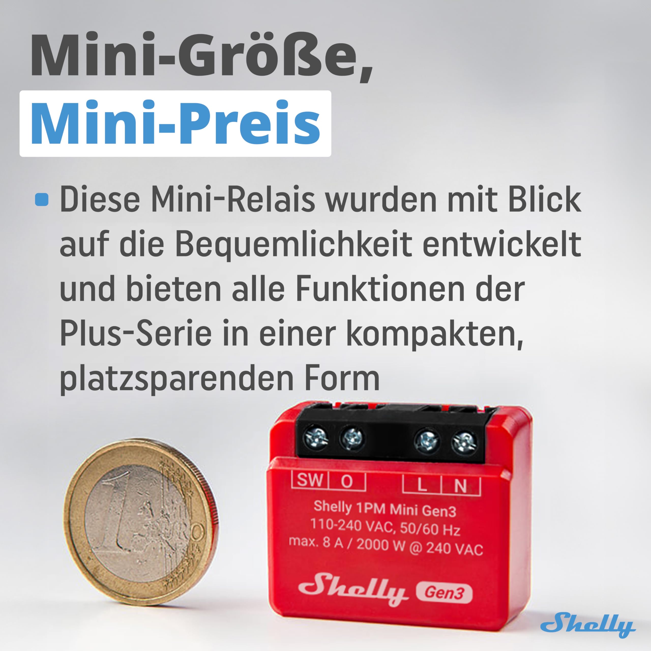 Shelly 1 Mini Gen3 WLAN Relais, 1 Kanal 8A, potenzialfrei