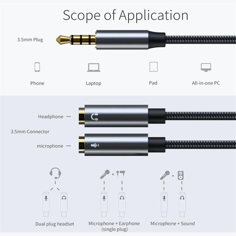 Audio Splitter Kabel Adapter 1/2 Headset 3.5mm Klinke Stecker 2 Buchse Mikrofon