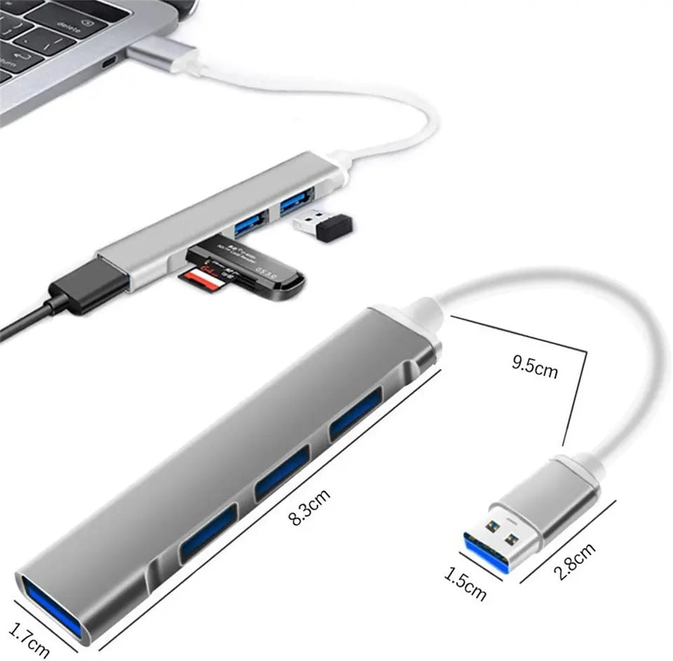 4-Port USB Hub Adapter Verteiler Docking USB 2.0 3.0 Laptop Notebook Grau Silber