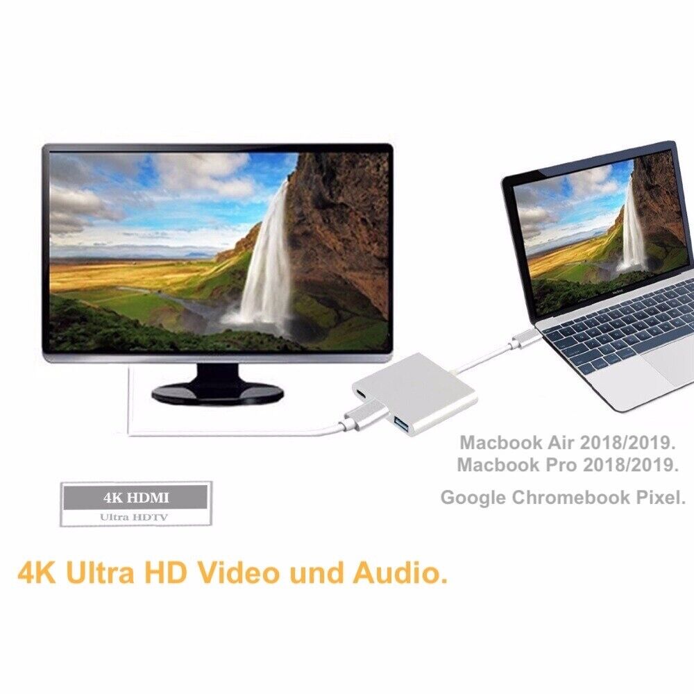 3-Port USB Hub Adapter Verteiler Docking USB-C to HDMI USB-C USB-A 3.0 4K PD