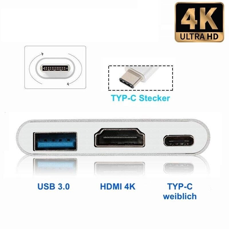 3-Port USB Hub Adapter Verteiler Docking USB-C to HDMI USB-C USB-A 3.0 4K PD
