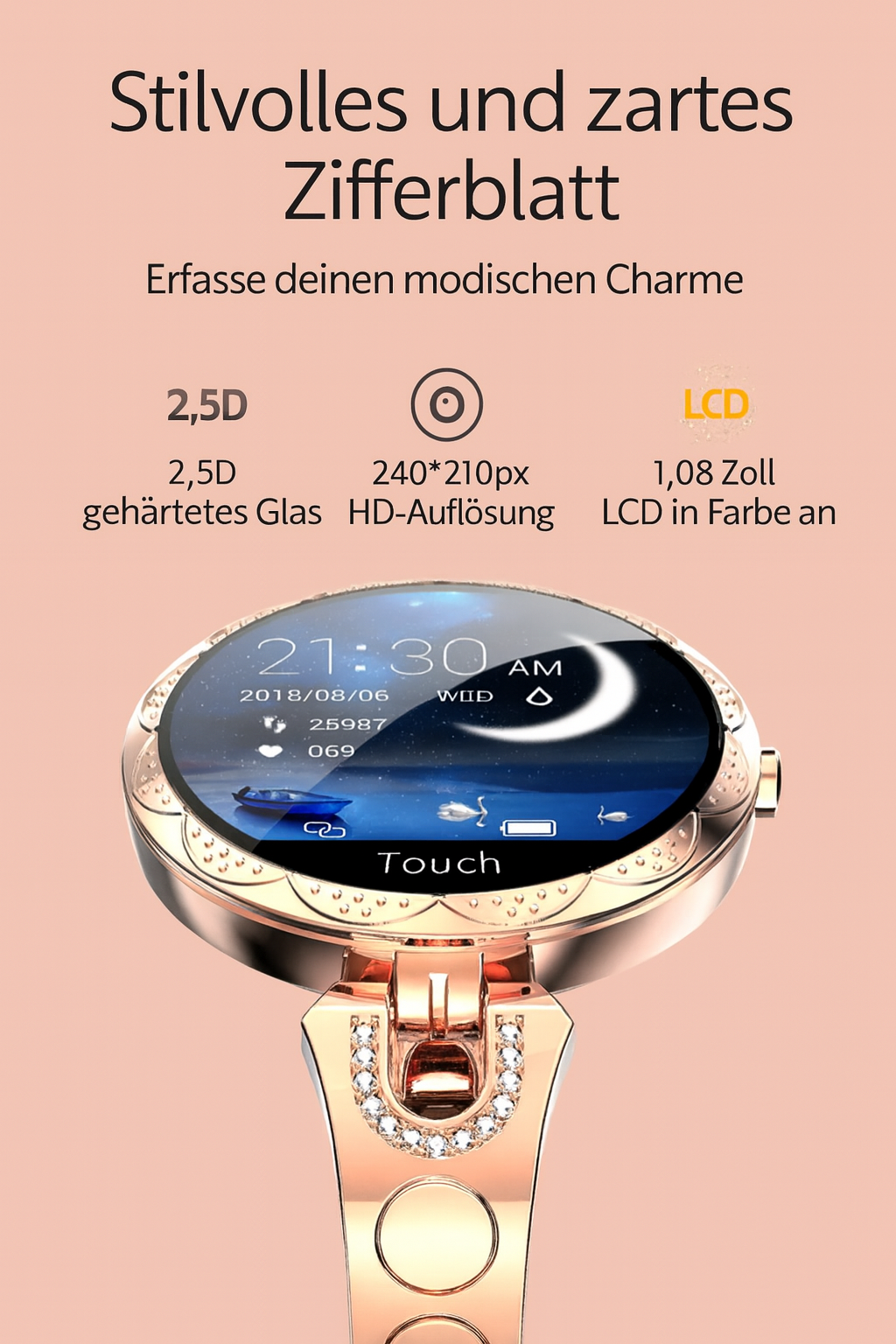 Elegante Damen-Smartwatch im stilvollen Design – ideal für Alltag, Beruf und Freizeit.