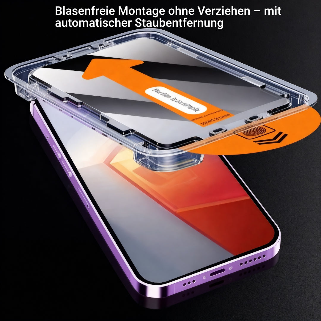 Transparenter Montagerahmen mit orangem Applikator wird blasenfrei auf violettes Smartphone aufgesetzt – automatische Stauben