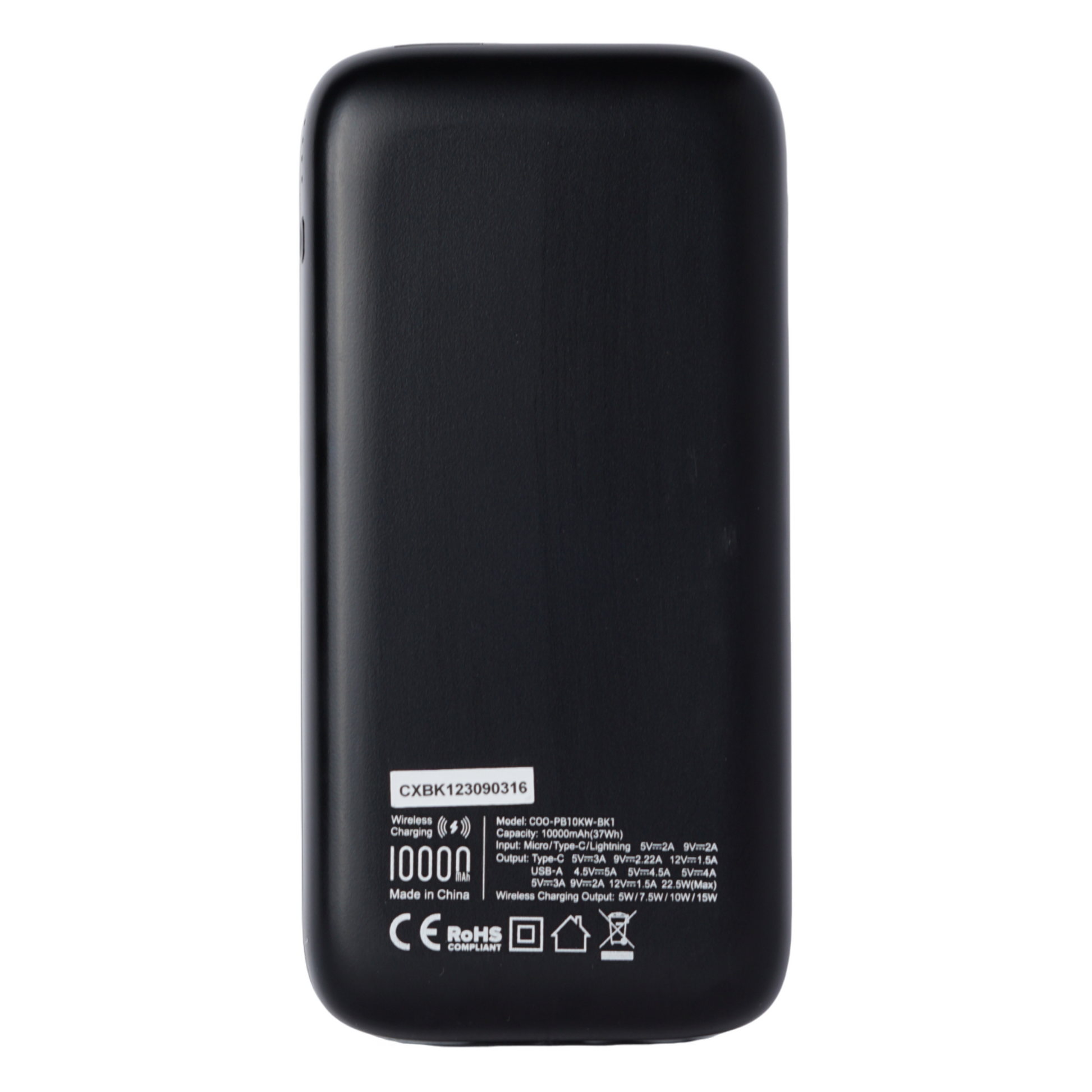 Powerbank 10000mAh Rückseite mit Produktdaten CE RoHS Schwarz