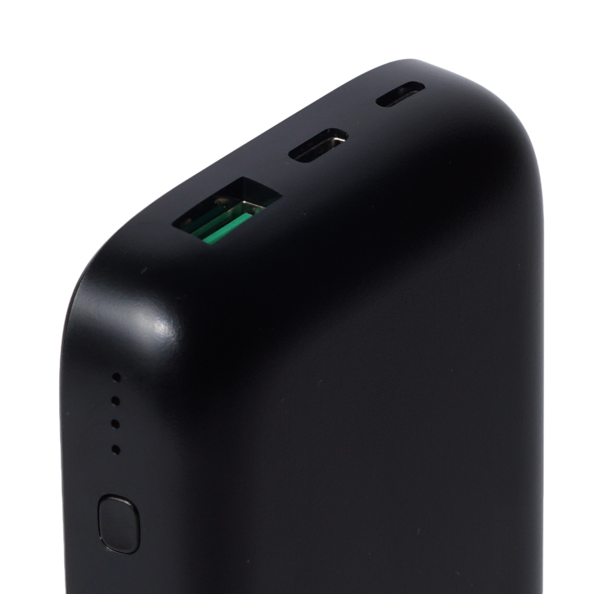 Powerbank 10000mAh Schrägansicht mit USB-C USB-A Anschlüssen und Ein-Aus-Schalter