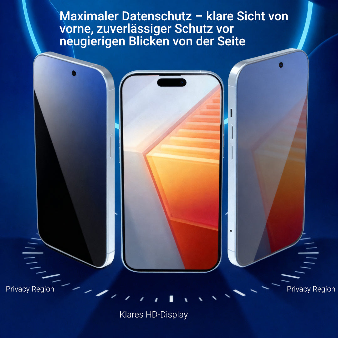 Drei Smartphones zeigen Privacy-Filterwirkung: Mitte klares HD-Bild, seitliche Ansichten dunkel abgeblendet – Blickschutz von
