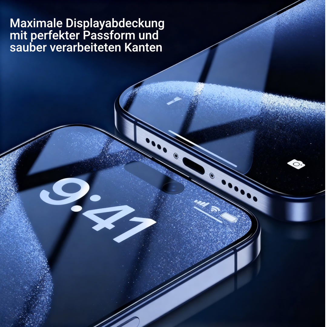 Nahaufnahme zweier Smartphones mit aufgebrachtem Panzerglas – sauber verarbeitete Kanten und vollflächige Displayabdeckung in