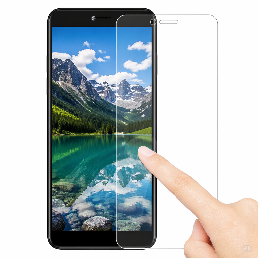 Finger tippt auf transparentes Schutzglas auf schwarzem Smartphone, Frontansicht weißer Hintergrund