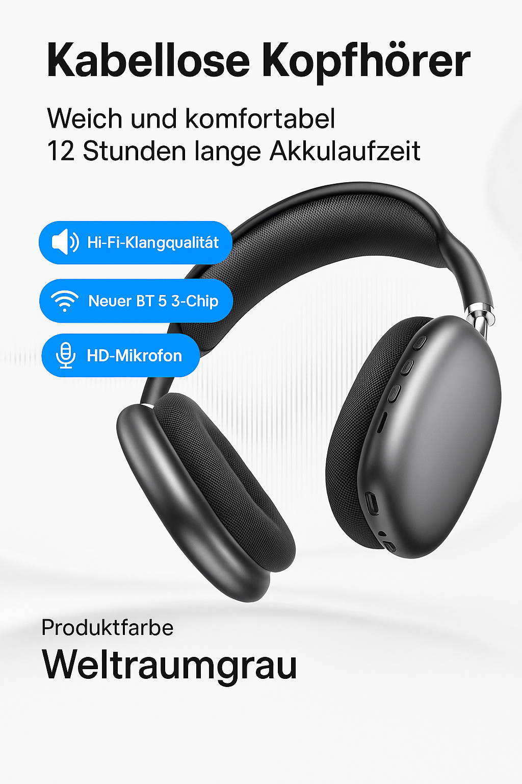 Borofone BO22 Bluetooth Kopfhörer – Wireless 5.3, 12h Akku, Hi-Fi Sound, TF/AUX, Over-Ear