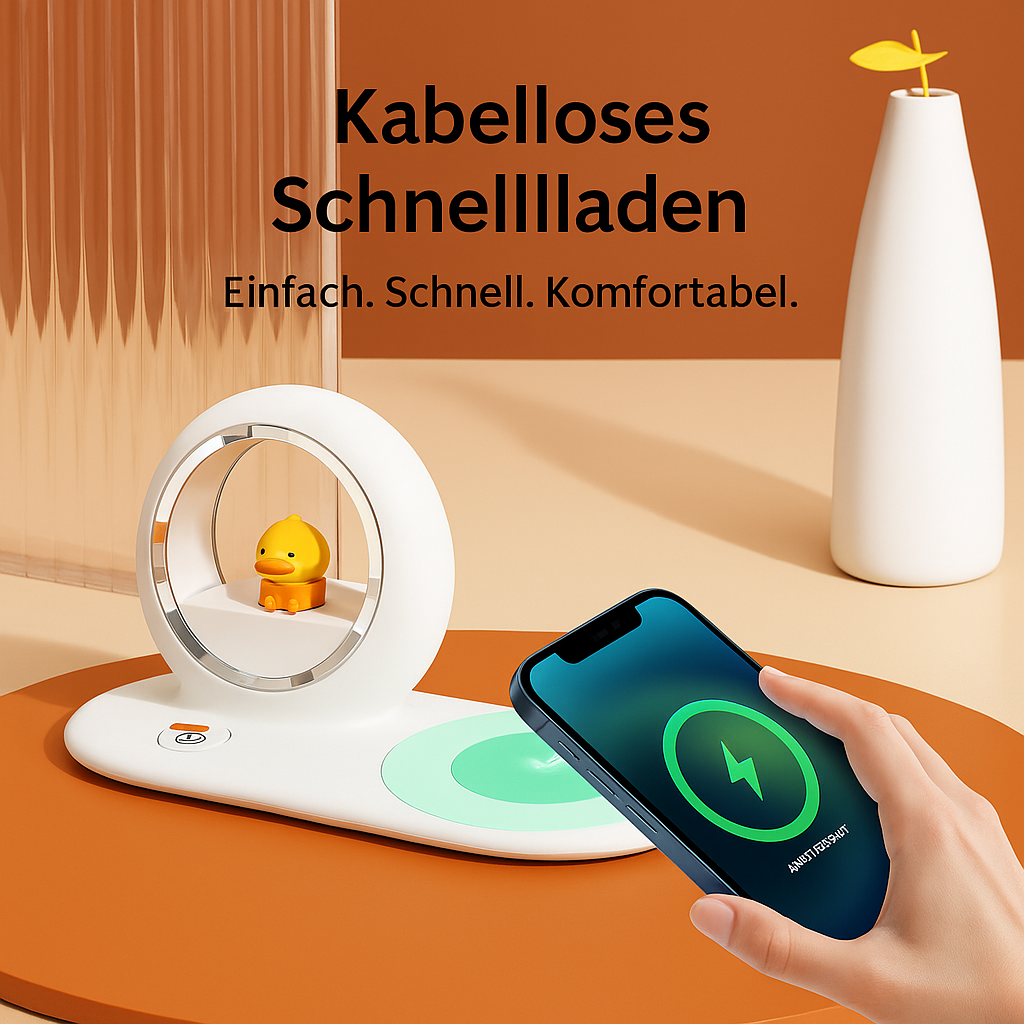 3-in-1 Wireless LED Lamp with Charging Function – Night Light &amp; Mobile Phone Charging Station in Stylish Design (White / Pink)